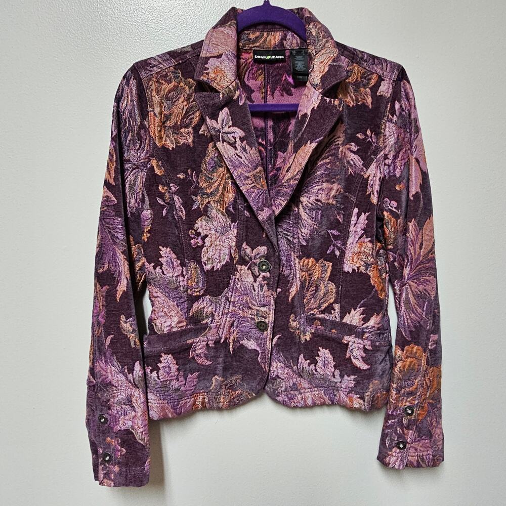 DKNY Womens Purple/Pink Brocade Tapestry Floral Jacket Size Small
